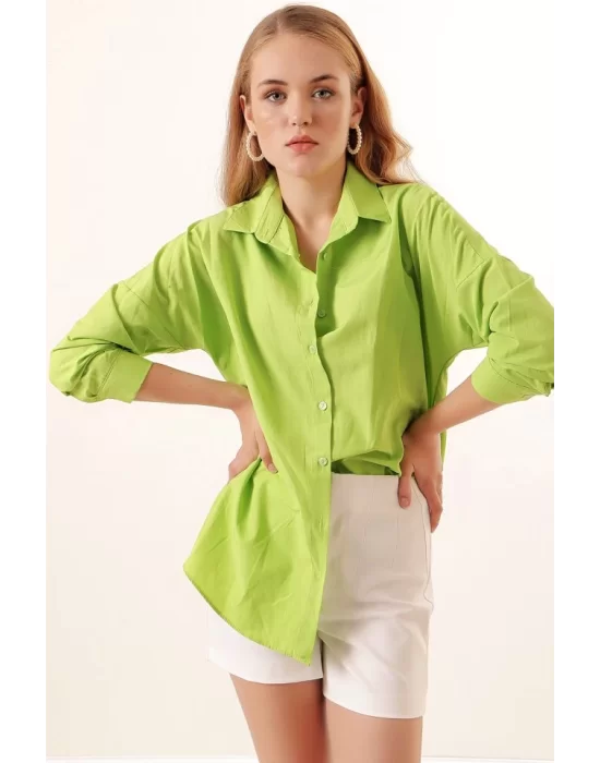 3900 Oversize Uzun Basic Gömlek - G.Yeşil