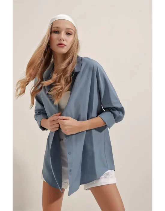 3900 Oversize Uzun Basic Gömlek - İndigo