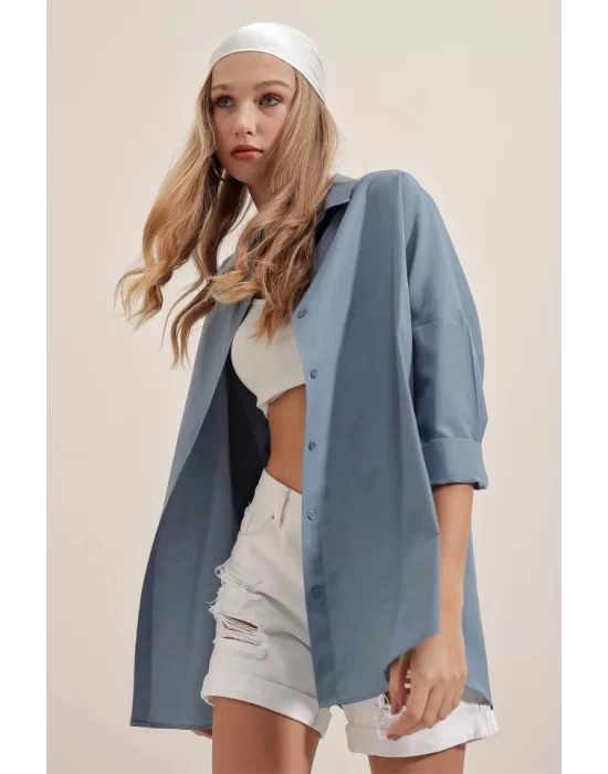 3900 Oversize Uzun Basic Gömlek - İndigo