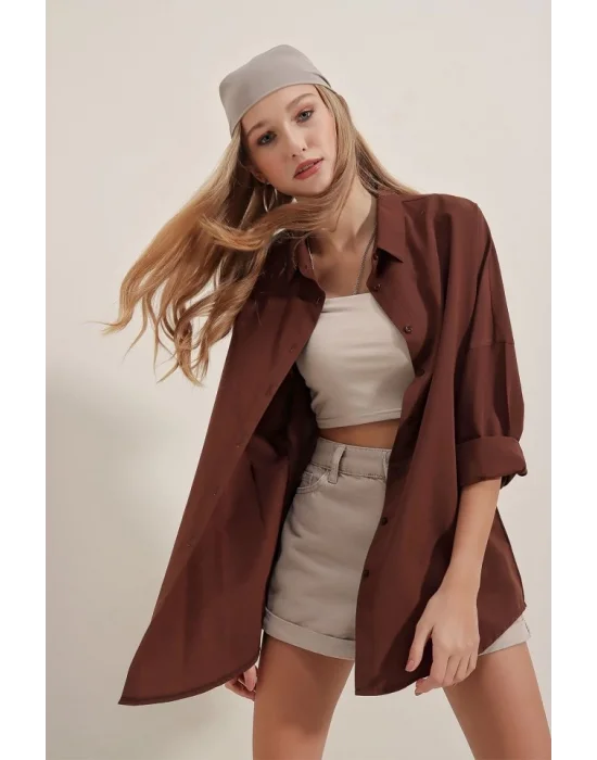 3900 Oversize Uzun Basic Gömlek - Kahverengi