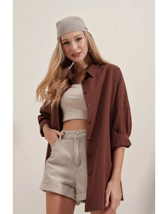 3900 Oversize Uzun Basic Gömlek - Kahverengi