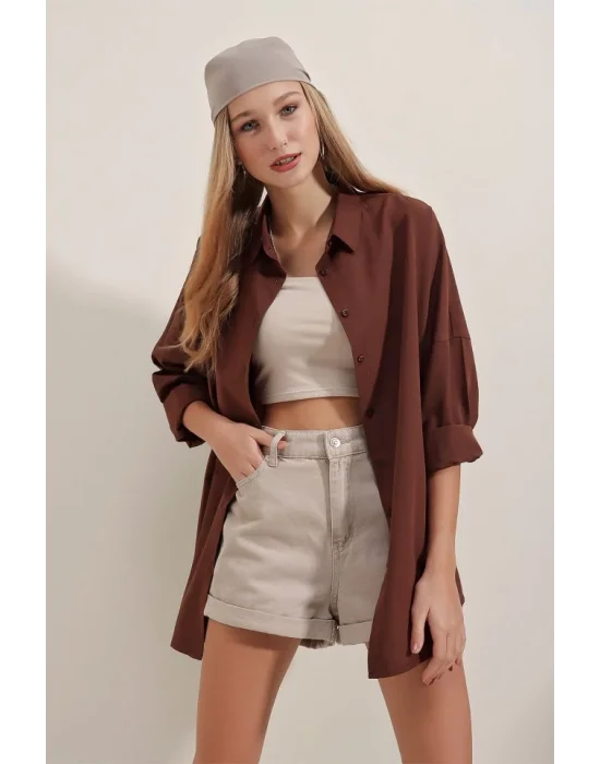 3900 Oversize Uzun Basic Gömlek - Kahverengi
