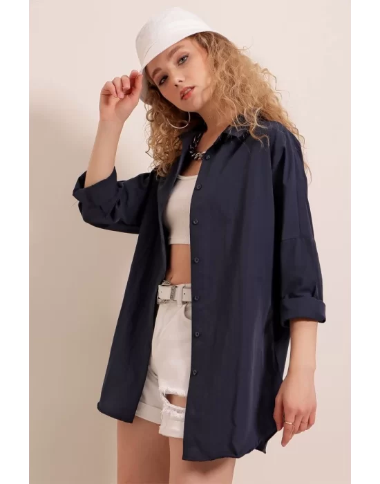 3900 Oversize Uzun Basic Gömlek - Lacivert