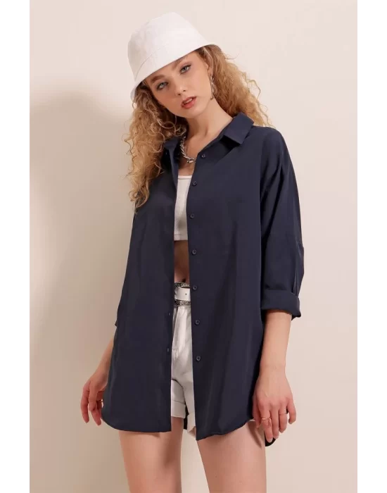 3900 Oversize Uzun Basic Gömlek - Lacivert