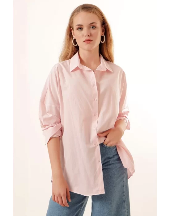 3900 Oversize Uzun Basic Gömlek - Pudra