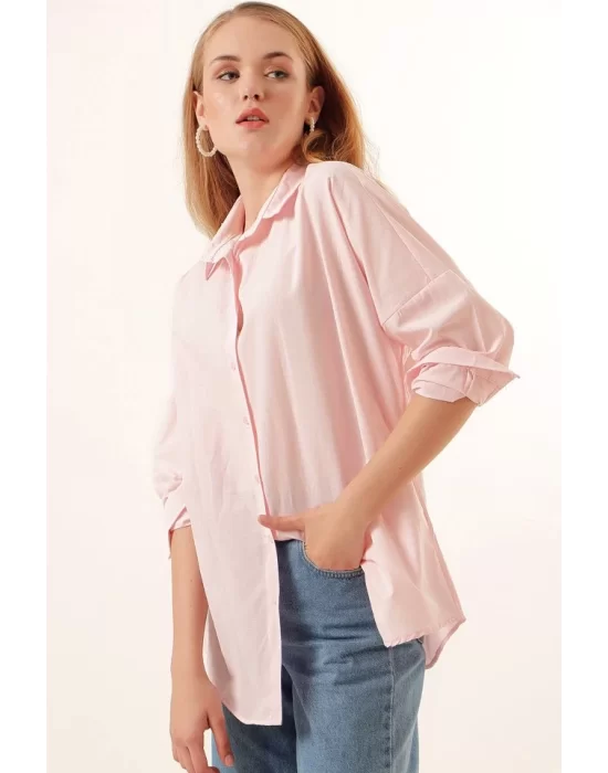 3900 Oversize Uzun Basic Gömlek - Pudra