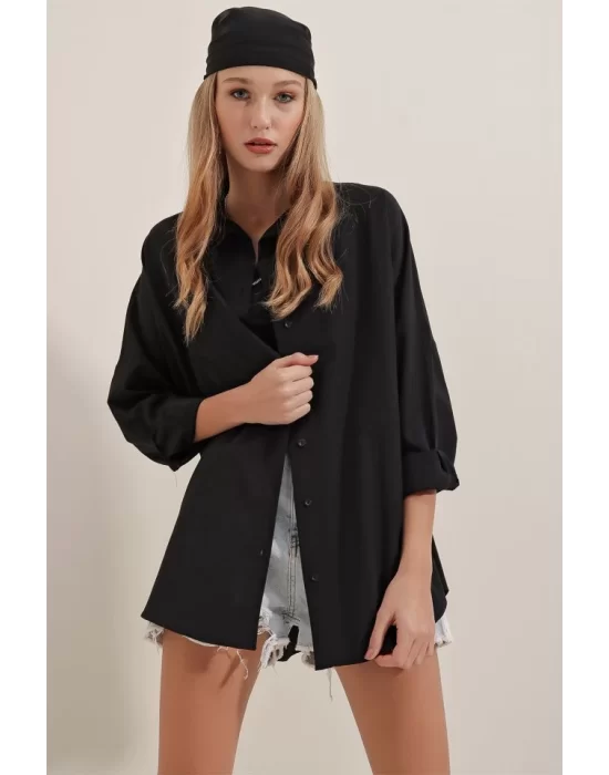 3900 Oversize Uzun Basic Gömlek - Siyah
