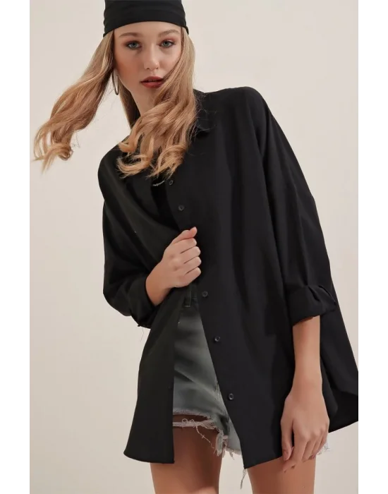 3900 Oversize Uzun Basic Gömlek - Siyah