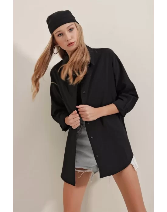 3900 Oversize Uzun Basic Gömlek - Siyah