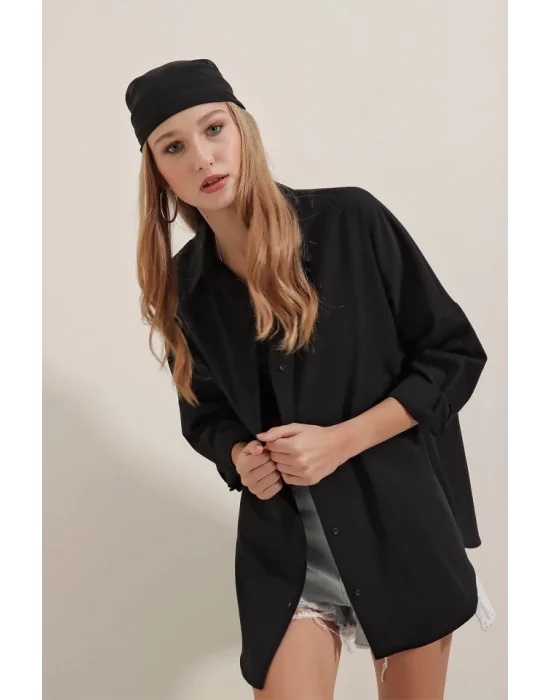 3900 Oversize Uzun Basic Gömlek - Siyah