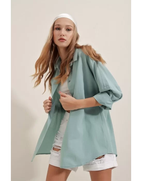 3900 Oversize Uzun Basic Gömlek - Su Yeşili
