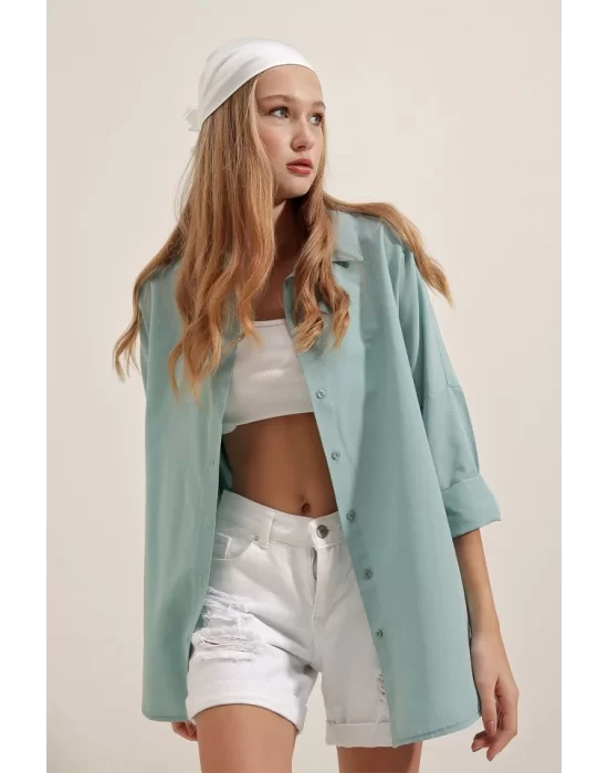 3900 Oversize Uzun Basic Gömlek - Su Yeşili