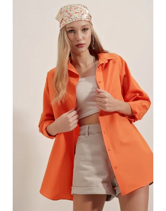 3900 Oversize Uzun Basic Gömlek - Turuncu