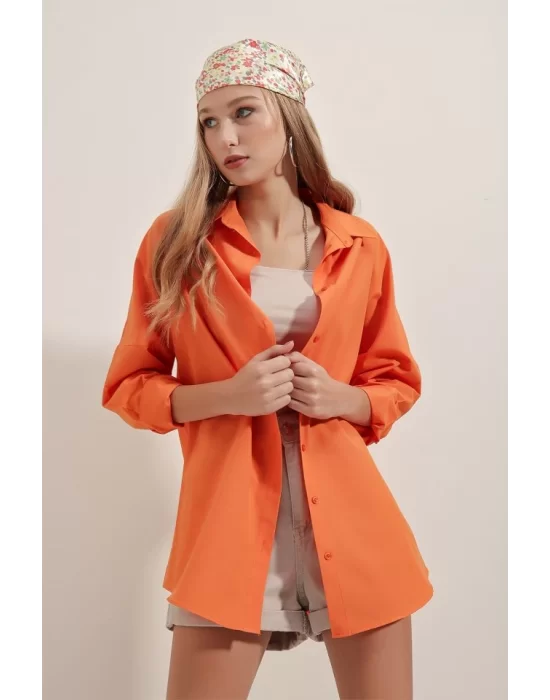 3900 Oversize Uzun Basic Gömlek - Turuncu