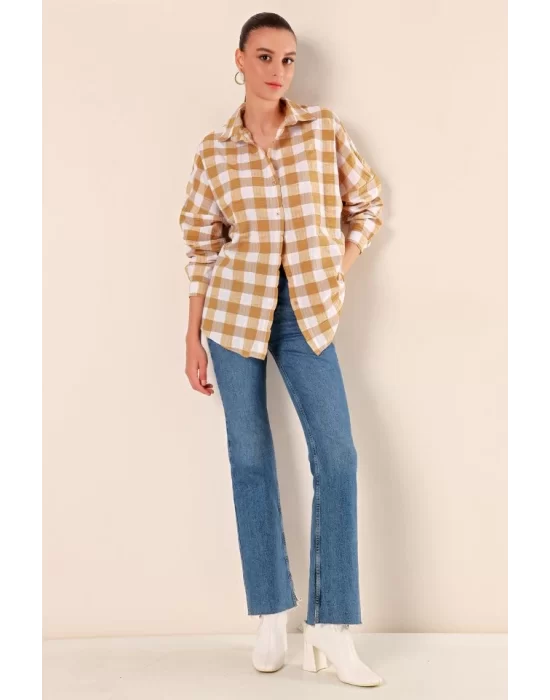 3900 Oversize Uzun Basic Gömlek - Vizon