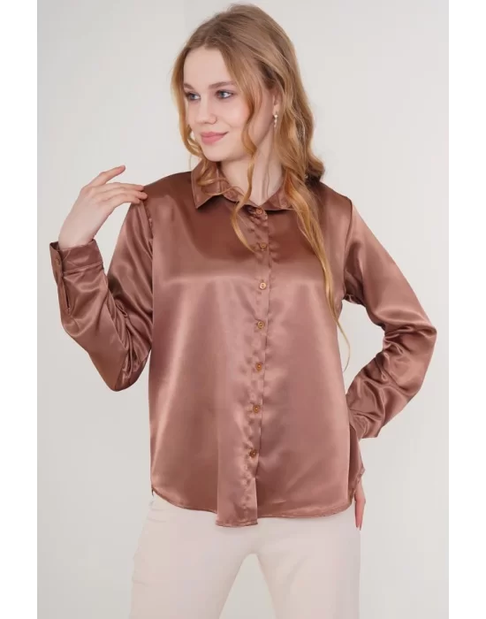 3964 Hafif Dökümlü Saten Gömlek - Taba