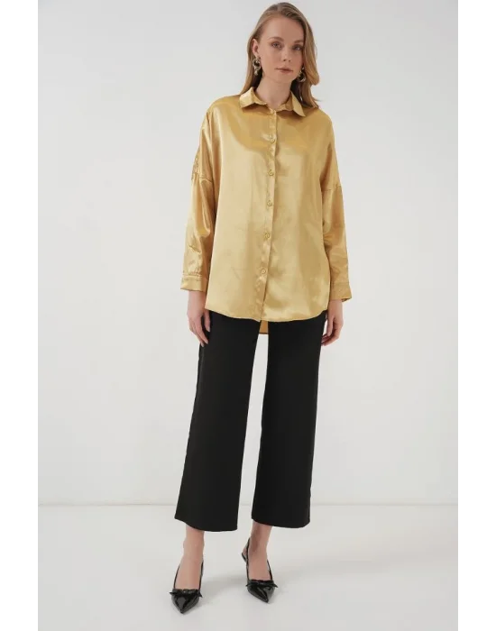 3985 Oversize Saten Gömlek - Altın Sarısı