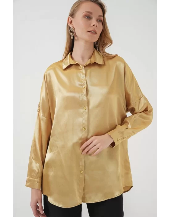3985 Oversize Saten Gömlek - Altın Sarısı