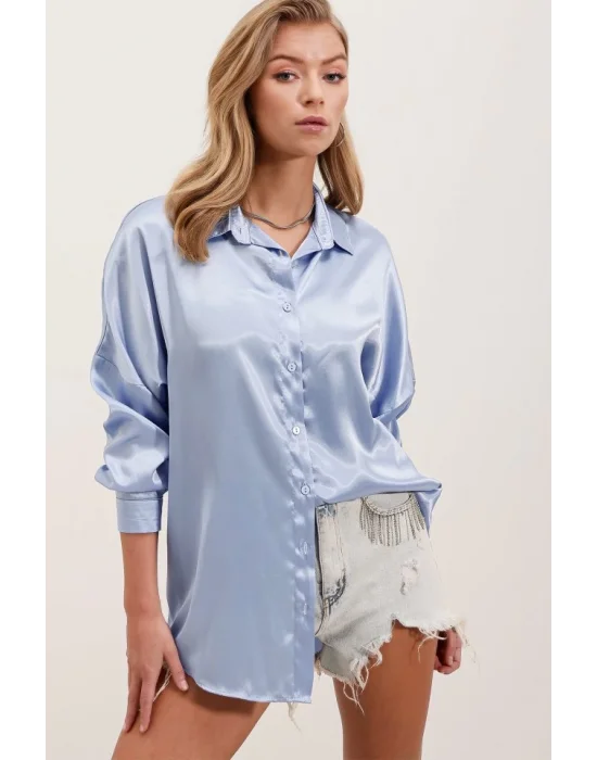 3985 Oversize Saten Gömlek - Mavi