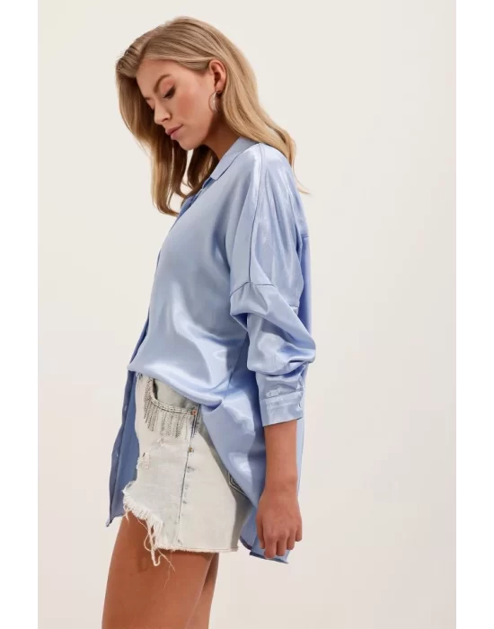 3985 Oversize Saten Gömlek - Mavi