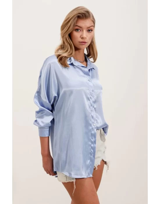 3985 Oversize Saten Gömlek - Mavi