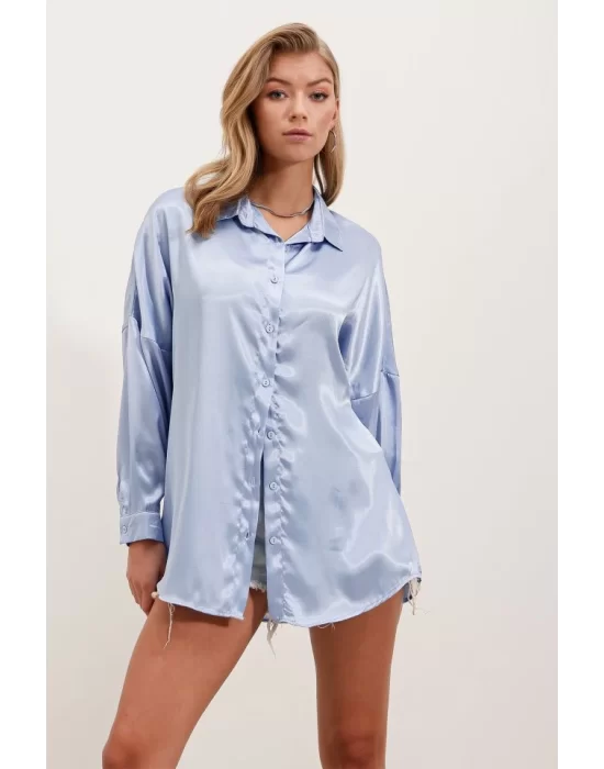 3985 Oversize Saten Gömlek - Mavi