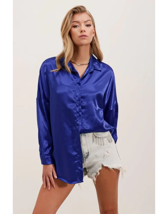 3985 Oversize Saten Gömlek - Saks