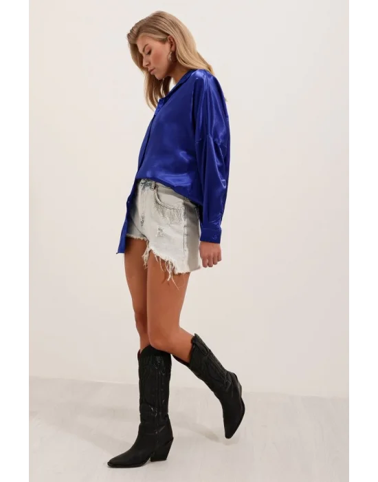 3985 Oversize Saten Gömlek - Saks
