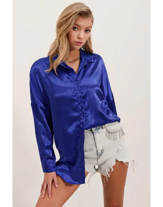 3985 Oversize Saten Gömlek - Saks