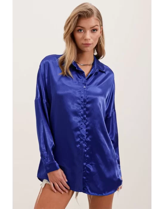 3985 Oversize Saten Gömlek - Saks
