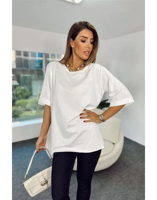 4123 Yırtmaçlı Oversize Tişört - Beyaz