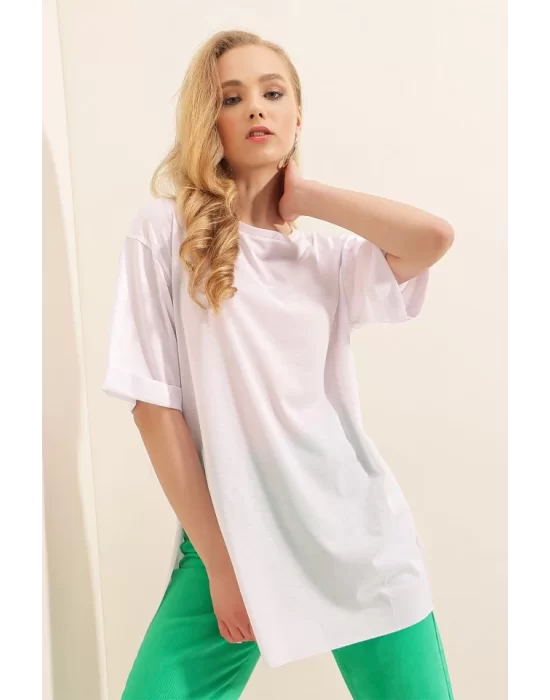4123 Yırtmaçlı Oversize Tişört - Beyaz