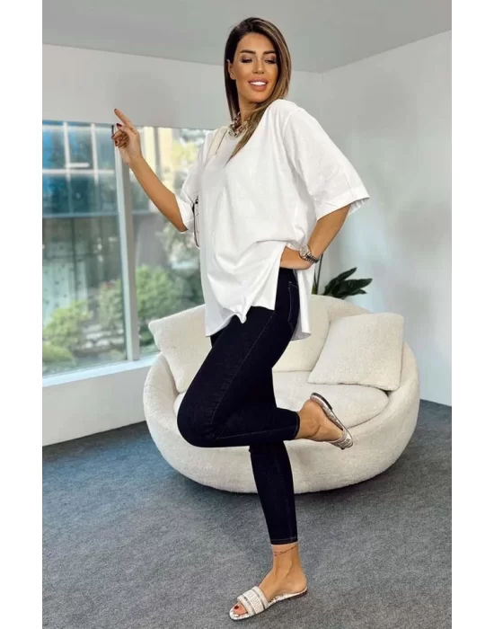 4123 Yırtmaçlı Oversize Tişört - Beyaz