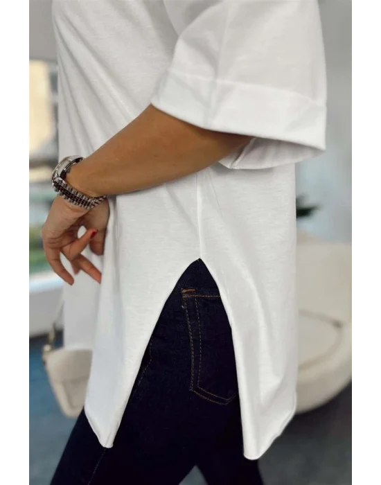 4123 Yırtmaçlı Oversize Tişört - Beyaz