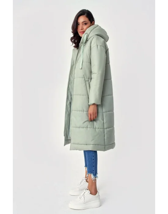 5120 Kapşonlu Uzun Şişme Mont - Mint