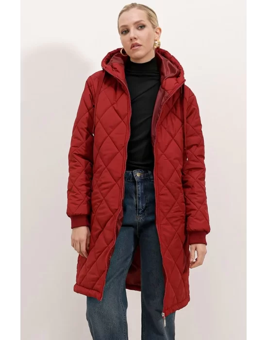5138 Kapitone Uzun Şişme Mont - Bordo