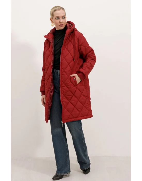 5138 Kapitone Uzun Şişme Mont - Bordo