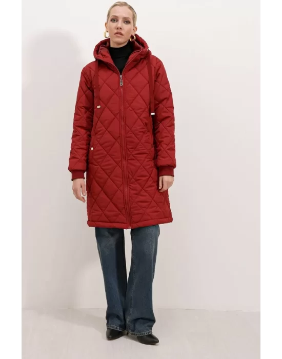 5138 Kapitone Uzun Şişme Mont - Bordo
