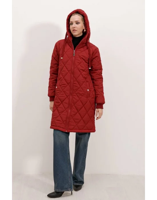 5138 Kapitone Uzun Şişme Mont - Bordo