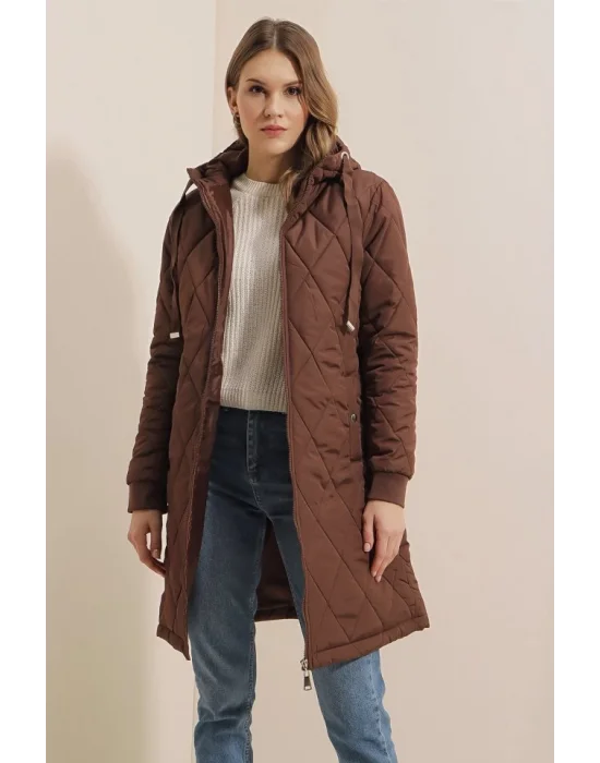 5138 Kapitone Uzun Şişme Mont - Kahverengi