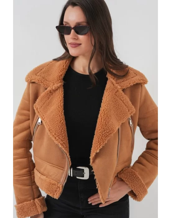 5155 Kruvaze Yaka Suni Kürklü Deri Mont - A.Kahve