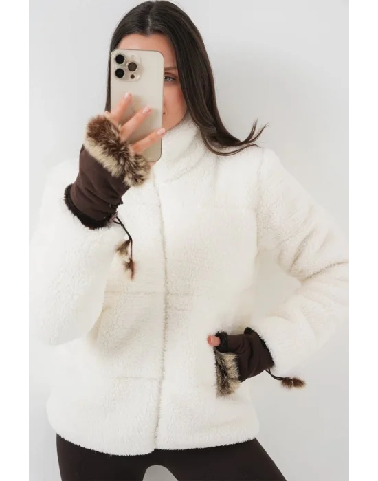 5178 Astarlı Peluş Mont - Beyaz