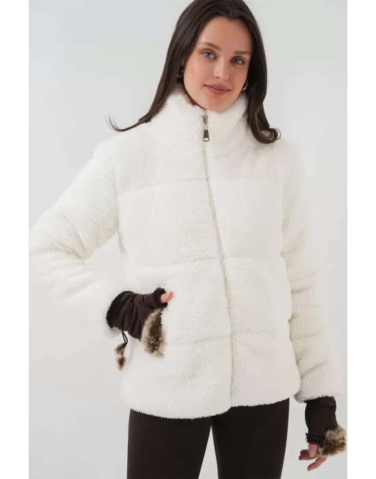 5178 Astarlı Peluş Mont - Beyaz