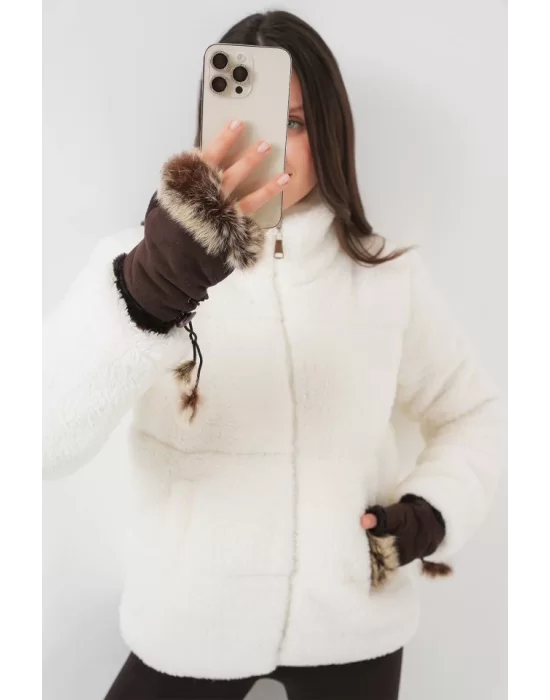 5178 Astarlı Peluş Mont - Beyaz