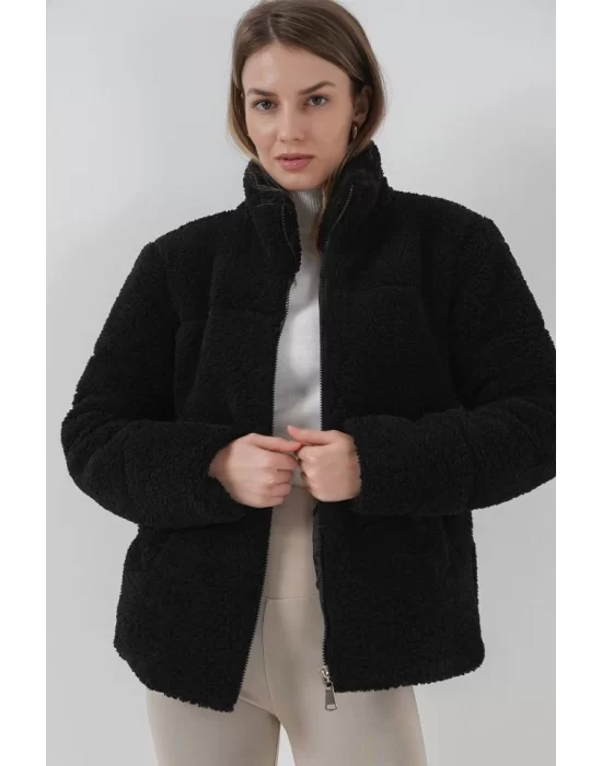 5178 Astarlı Peluş Mont - Siyah