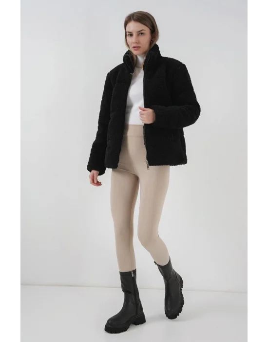 5178 Astarlı Peluş Mont - Siyah