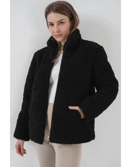 5178 Astarlı Peluş Mont - Siyah