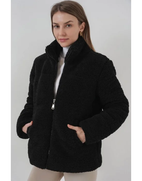 5178 Astarlı Peluş Mont - Siyah