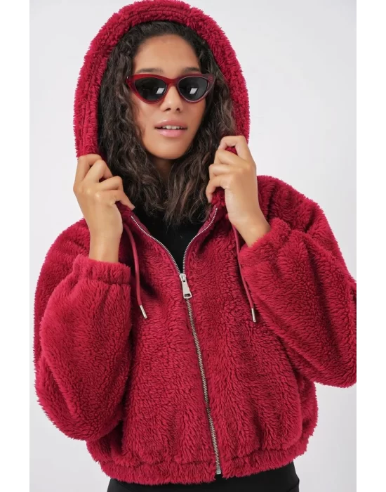 5193 Kapüşonlu Peluş Crop Ceket - Bordo