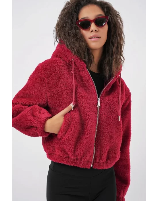 5193 Kapüşonlu Peluş Crop Ceket - Bordo